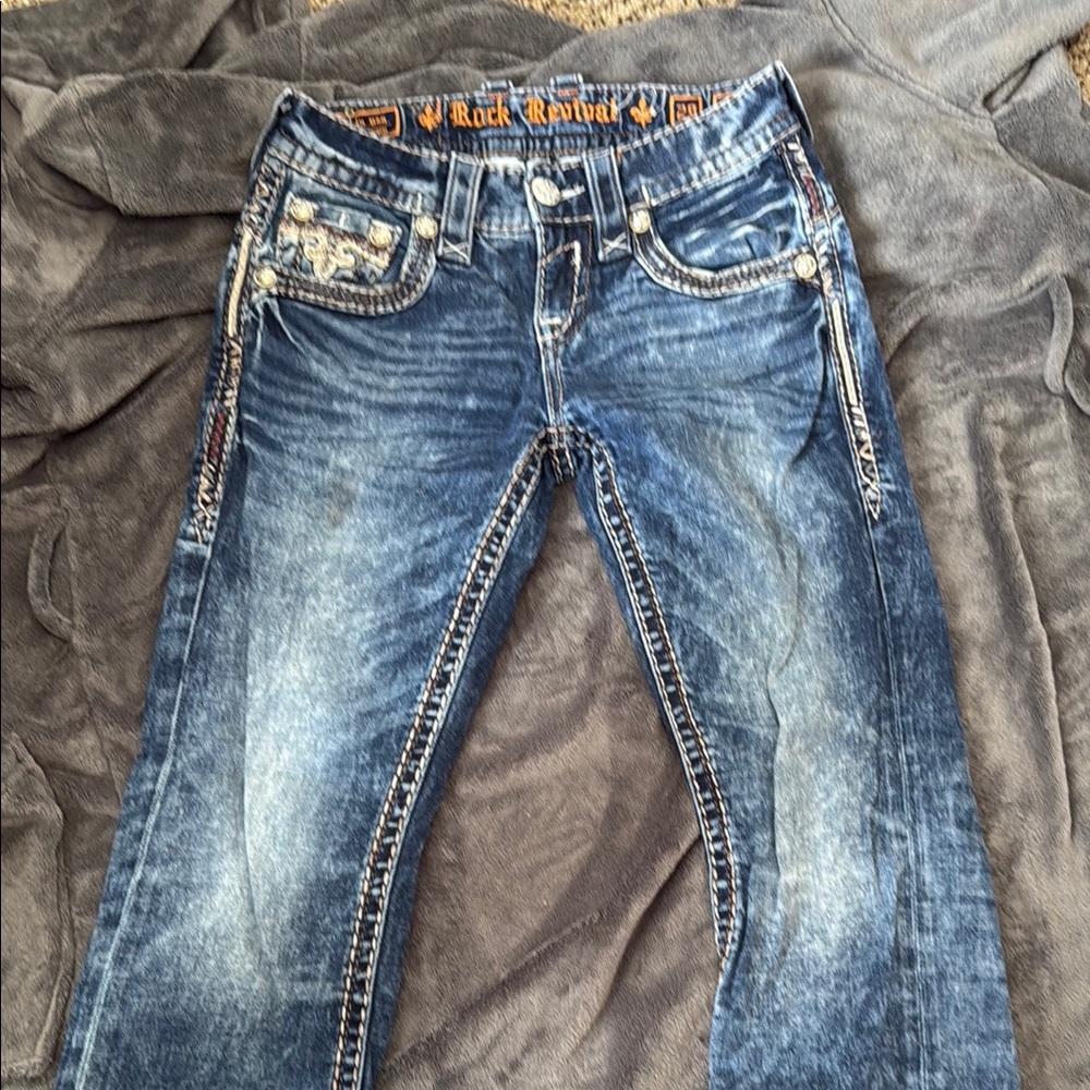 Rock Revival Blue Straight Leg Jeans with Vintage Wash